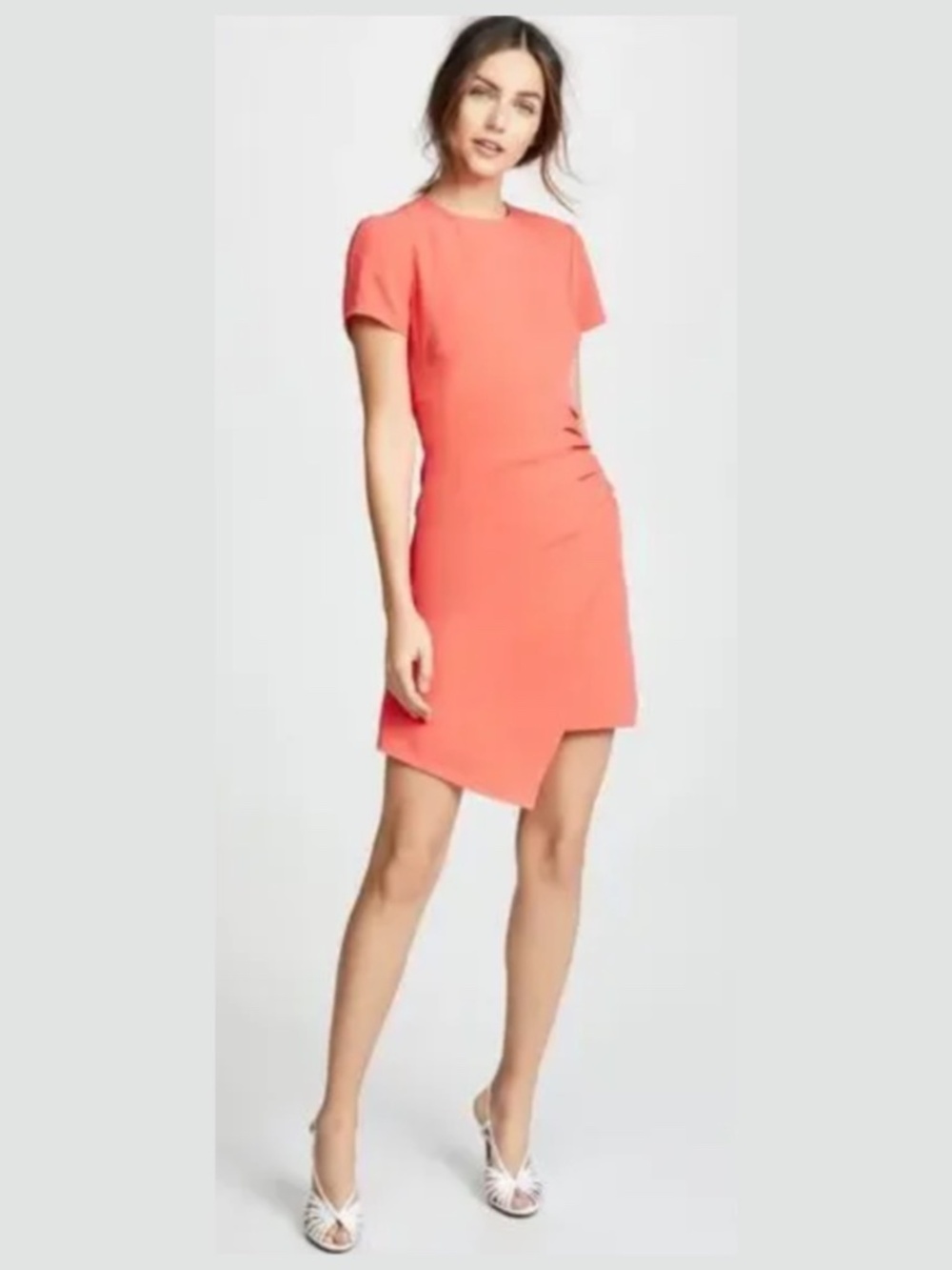 Cinq à Sept Imogen Ruched Asymmetrical Dress in Hot Coral: Size 0